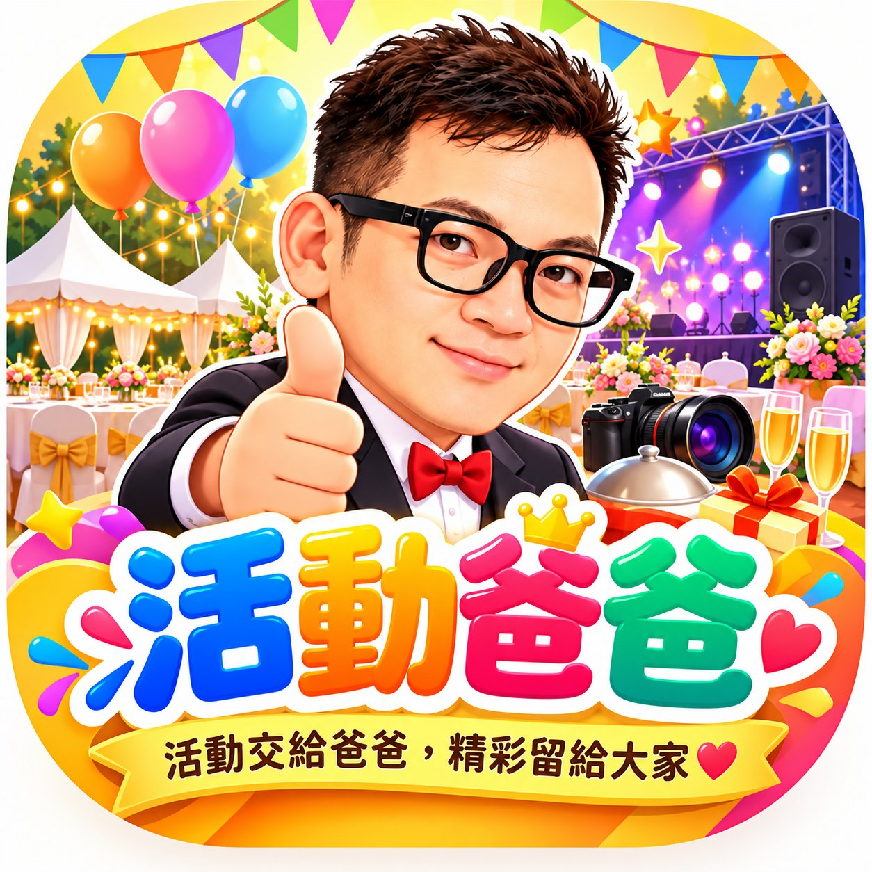 活動爸爸品牌角色：眼鏡、紅領結與比讚手勢